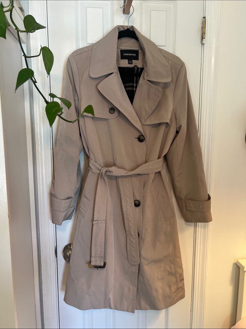 London Fog Beige Trench Coat with Belted Waist